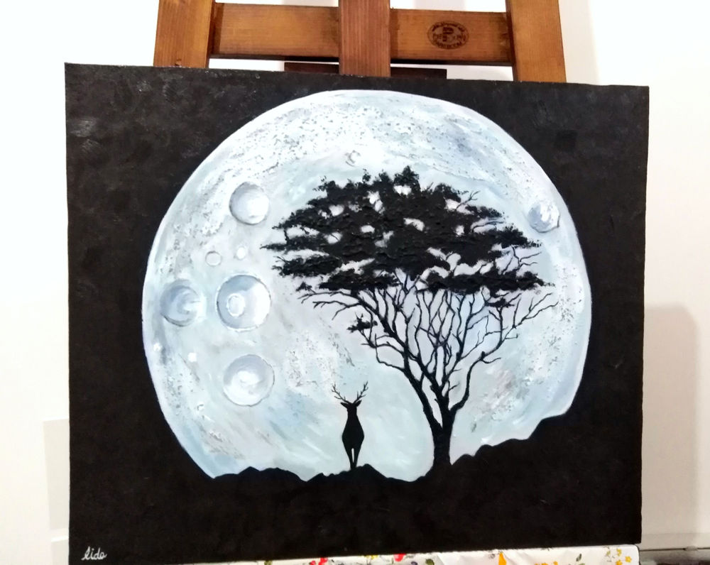 بافنده، نقاش تابلو برجسته ماه وگوزن 50در50 رنگ روغن، نو