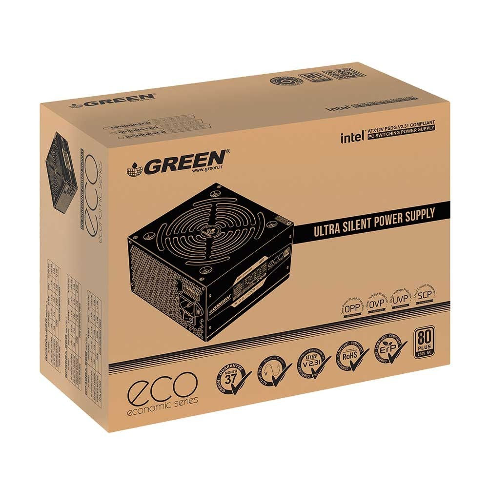 تجارت هوشمند خاورمیانه ایرانیان Power Green Model : GP300A-ECO REV3.1  آکبند ( پلمپ)  مشخصات :  گواهینامه 80PLUS نوع پاور: غیر ماژولار قابلیتهای منبع تغذیه کامپیوتر: Active PFC کانکتور 15 پین SATA: چهار عدد تعداد ریل 12 ولت: یک عدد